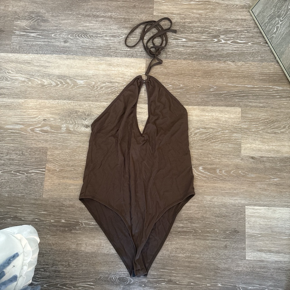 Adika Brown Halter Ring Keyhole Bodysuit